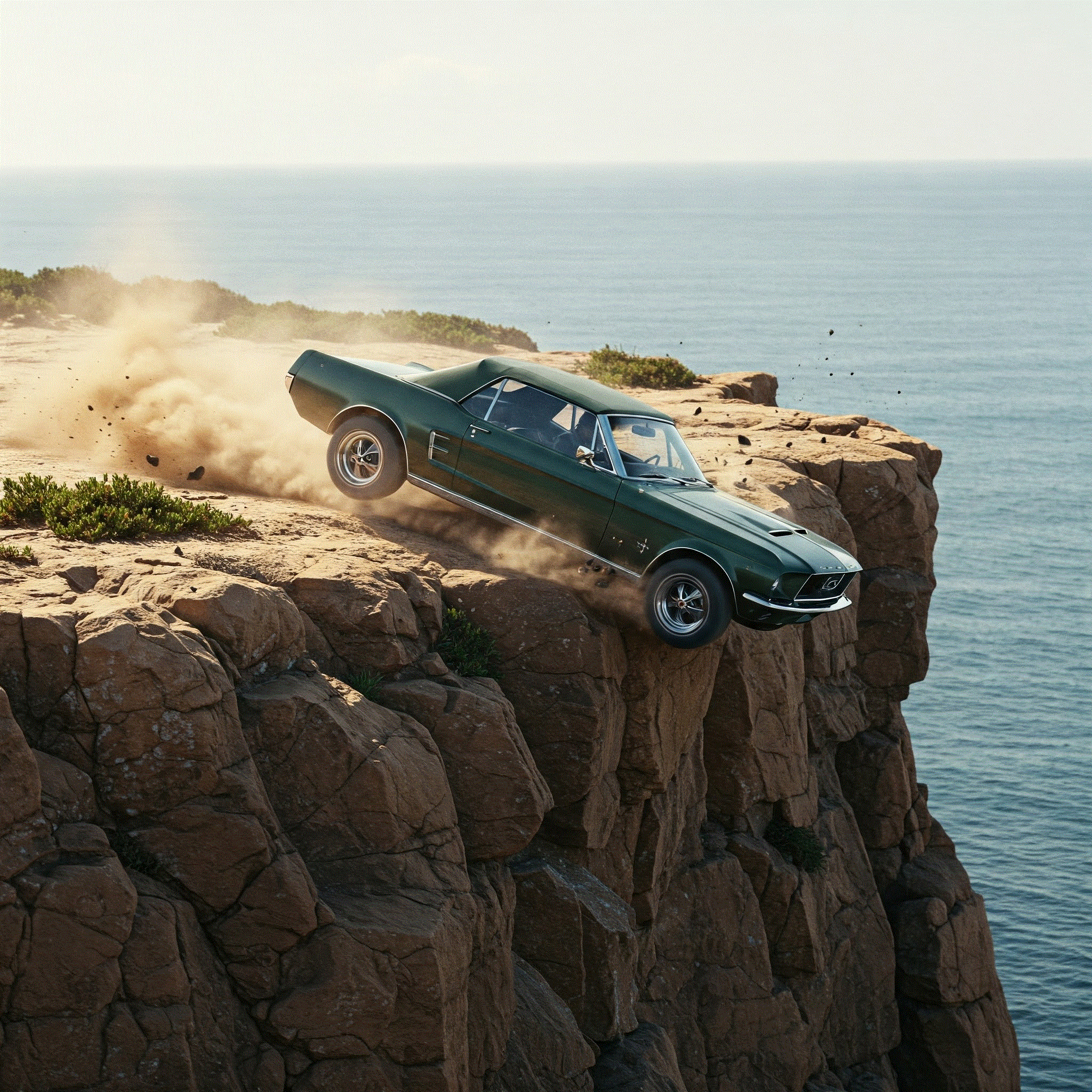 Muscle car driving off a cliff