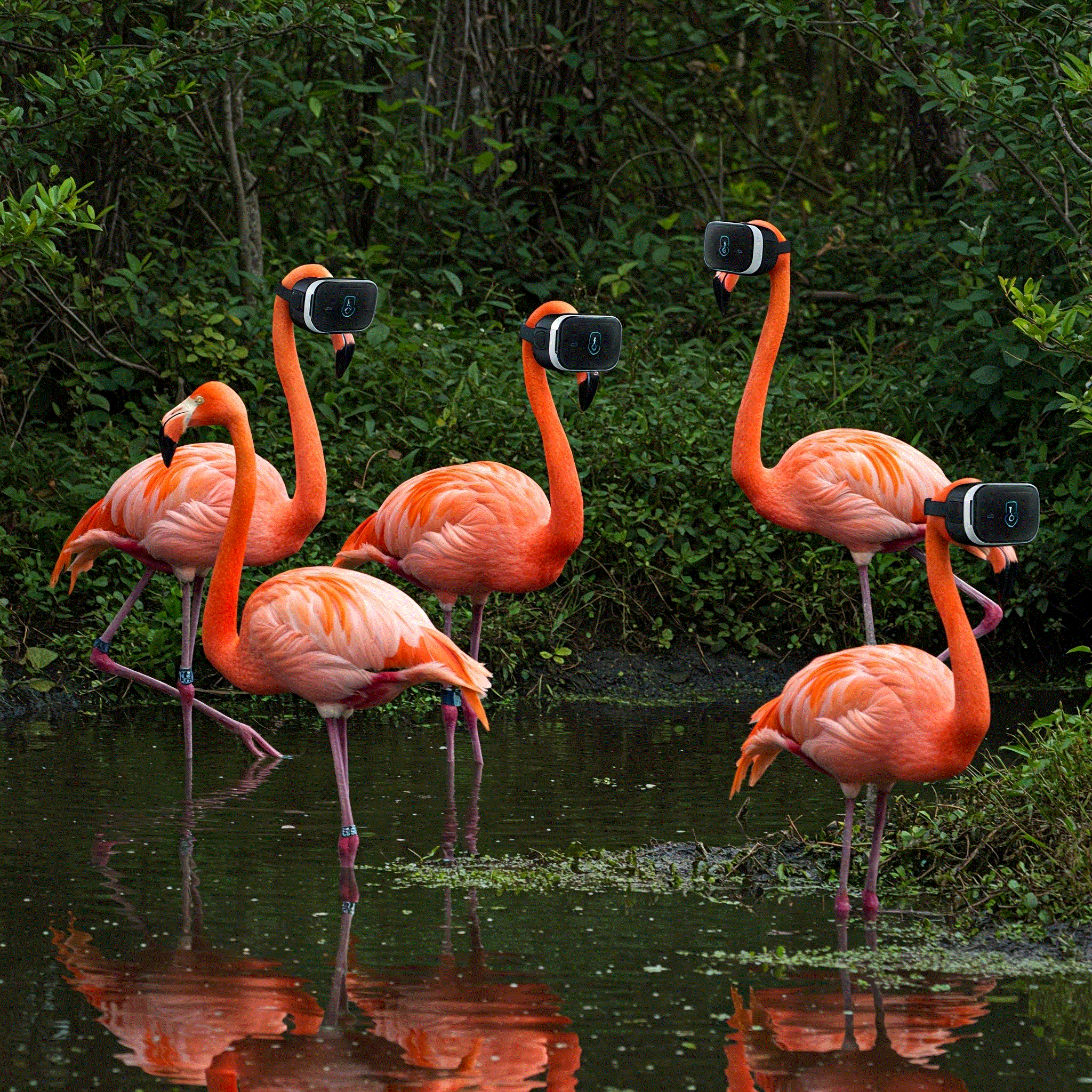 Flamingos with VR headsets