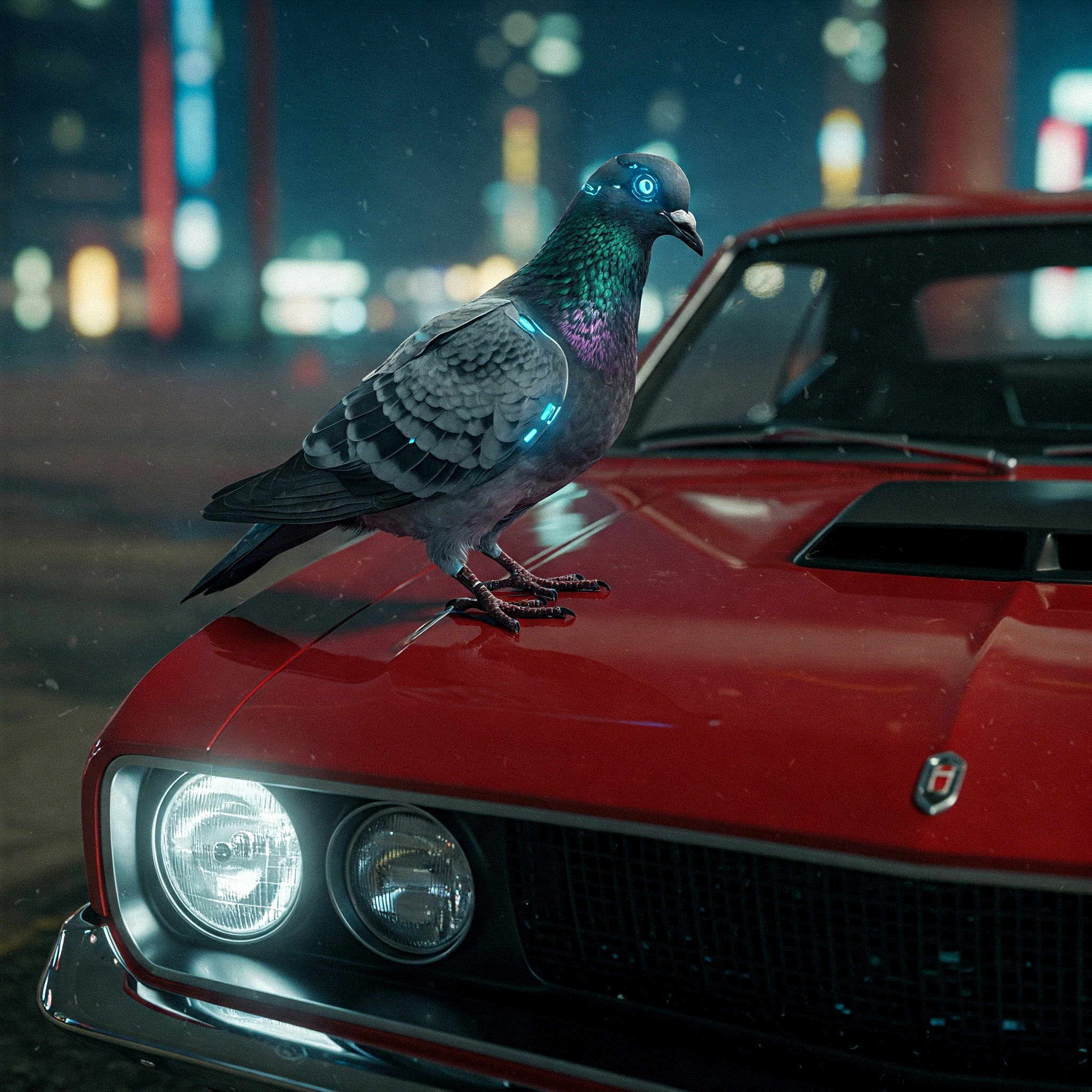 Pigeon drone on car hood